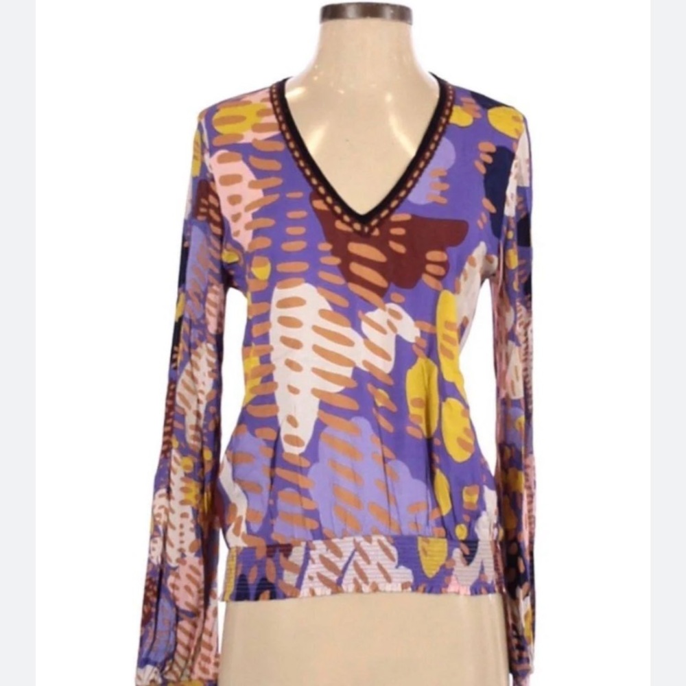 Bl^nk London purple abstract print elastic shirred waist  top Sz M EUC